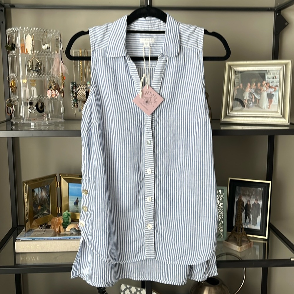 J. Jill Blue and White Linen Button Down Tank Top - Picture 2 of 10